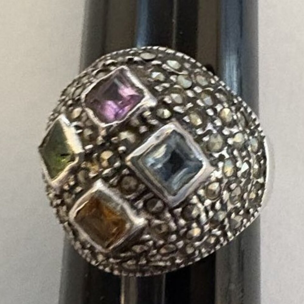 Vtg Sterling Silver and Marcasite with Gems Dome Ring Size 7